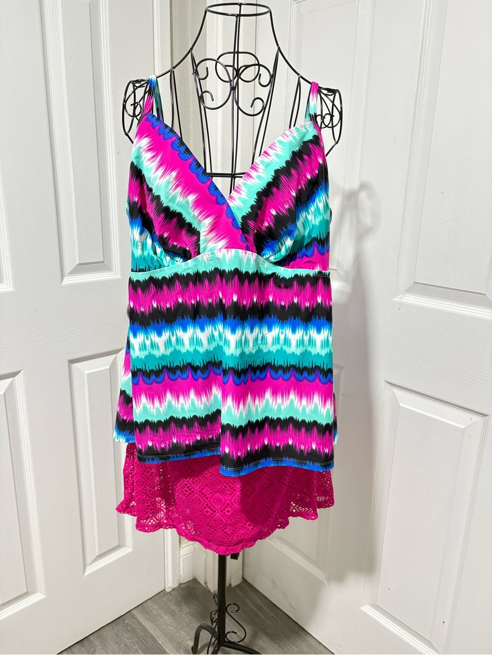 Catalina Women’s Plus Size Colorful Swimsuit in Fuchsia, Blue, Black & White
